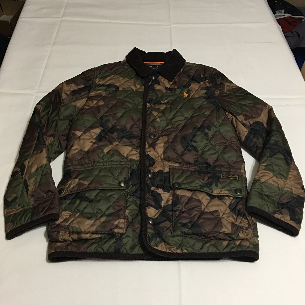 Polo Ralph Lauren Quilted Jacket Boys Medium Camo Corduroy Collar Hunting Style